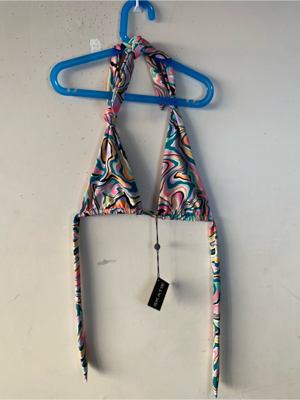 NWT• Skatie Psychedelic Swirl Halter Triangle Bikini Top L 70s Retro - Picture 2 of 7